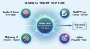 Sơ Đồ Hệ Thống Công Cụ Ai Content Creation Gồm Claude, Chatgpt, Midjourney Và Make.